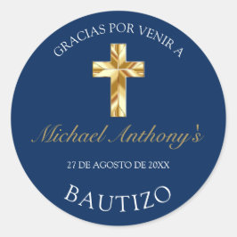 Adesivo Elegante Bautismo de Bebé Azul Dorado Gracias