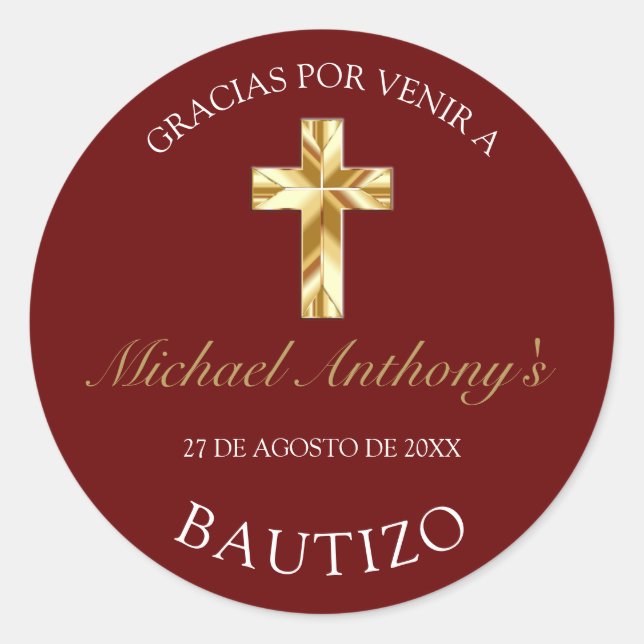 Adesivo Elegante Bautismo de Bebé Borgoña Dorado Gracias (Frente)
