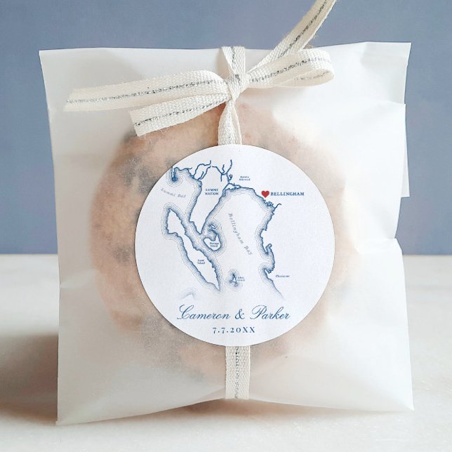 Adesivo Elegante Bellingham Washington Map Weding Favor (Elegant Bellingham Washington Wedding favor round sticker labels with navy blue map from Coastal Map)