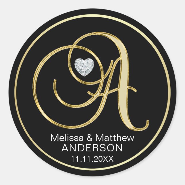 Adesivo Elegante Black Dourado Monograma - Letra A Heart D (Frente)