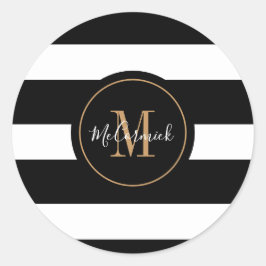 Adesivo Elegante Black White Strips Dourado Nome do Monogr