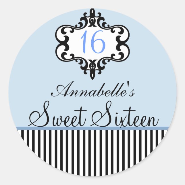Adesivo Elegante Blue & Black Chic Sweet 16 Sticker (Frente)