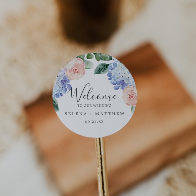 Adesivo Elegante Blue Hydrangea | Boas-vindas ao Casamento (Criador carregado)