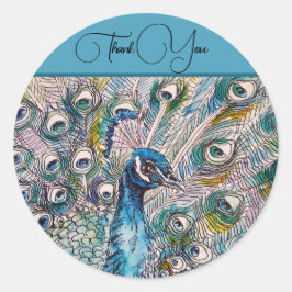 Adesivo Elegante Blue Peacock Watercolor Art Obrigado