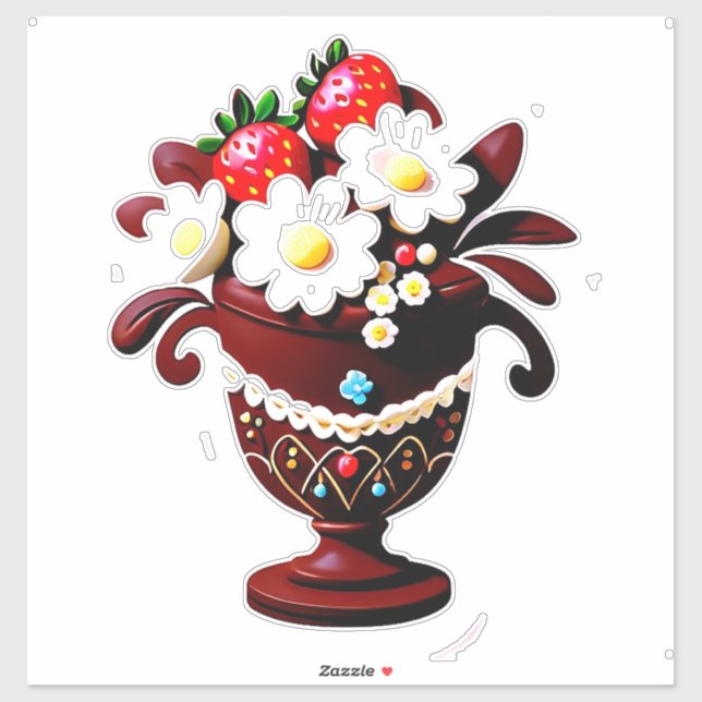 Adesivo Elegante Buquê de Vaso de Chocolate com Morangos (Folha)