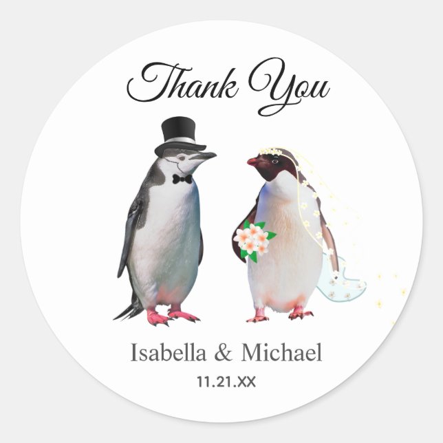 Adesivo Elegante Casal Penguin Obrigado Casamento (Frente)