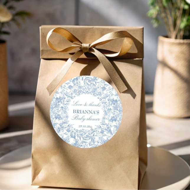 Adesivo Elegante chá de fraldas azul-toile francês (Elegant French toile dusty blue boy baby shower thank you favor Sticker template botanical favor)
