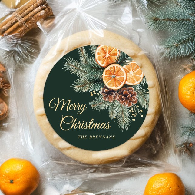 Adesivo Elegante Citrus Laranja Verde Feliz Natal (Elegant Green Orange Citrus Merry Christmas Classic Round Sticker)