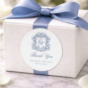 Adesivo Elegante Crista de Casamento com Monograma Azul Ob