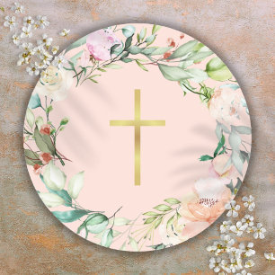 Adesivo Elegante Cruz Dourada com Grinalda Floral de Rosa 