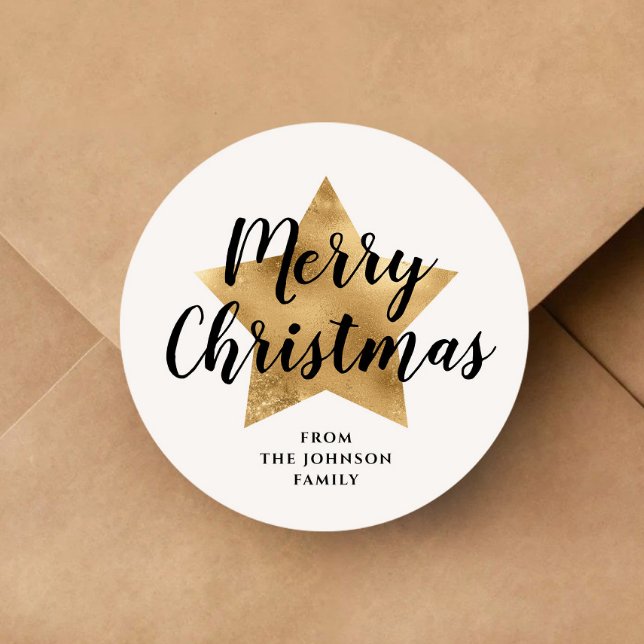Adesivo Elegante Dourada Estrela Feliz Natal (Elegant White Faux Gold Star Merry Christmas Classic Round Sticker)