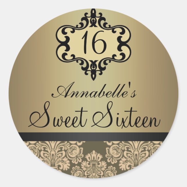 Adesivo Elegante Dourado Chic Damask Sweet 16 Sticker (Frente)