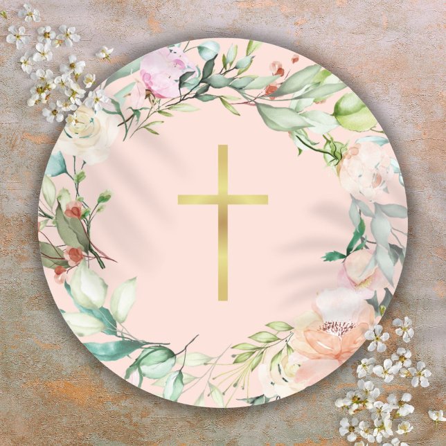 Adesivo Elegante Dourado Cross Woodland Rosa Garland Flora (Elegant Gold Cross Woodland Rose Garland Floral Classic Round Sticker)