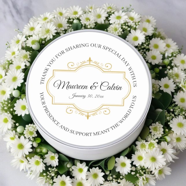 Adesivo Elegante Dourado Filigree em White, Casamento (Criador carregado)