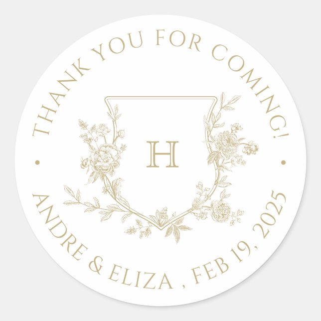 Adesivo Elegante Dourado Monograma Crest Casamento Obrigad (Frente)