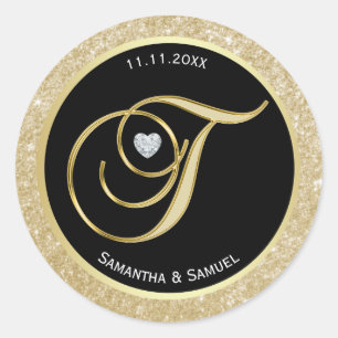 Adesivo Elegante Dourado Monograma Preto Letra 'T' Casamen