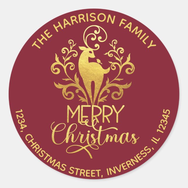 Adesivo Elegante Dourado Veado Feliz Endereço de Natal Ver (Frente)