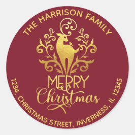 Adesivo Elegante Dourado Veado Feliz Endereço de Natal Ver