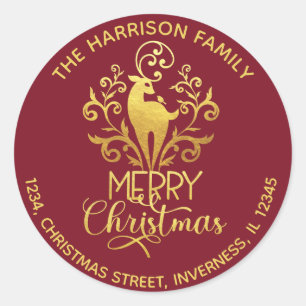 Adesivo Elegante Dourado Veado Feliz Endereço de Natal Ver