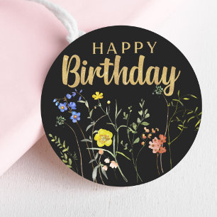Adesivo Elegante Feliz Aniversário Flores Selvagens Redond