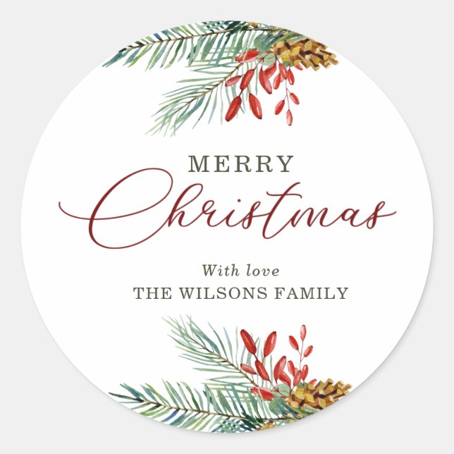 Adesivo Elegante Feliz Natal Holly Berries Pinecones (Frente)