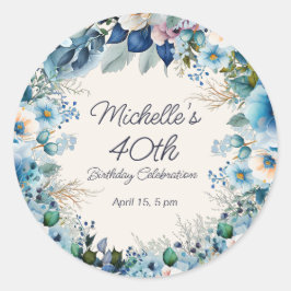 Adesivo Elegante Floral Branco Azul para Aniversário de 40
