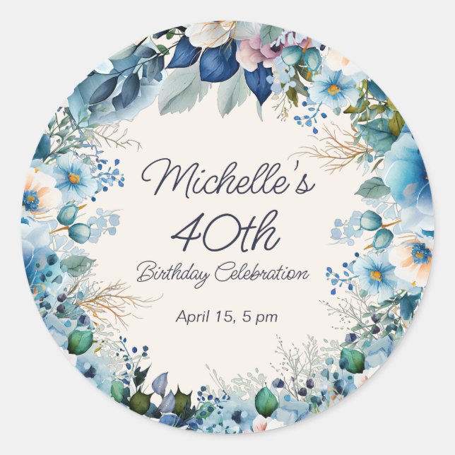Adesivo Elegante Floral Branco Azul para Aniversário de 40 (Frente)