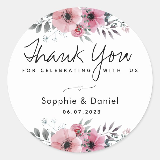 Adesivo Elegante Floral de Agradecimento em Aquarela Rosa (Frente)