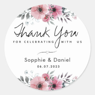 Adesivo Elegante Floral de Aquarela Rosa Agradecimento