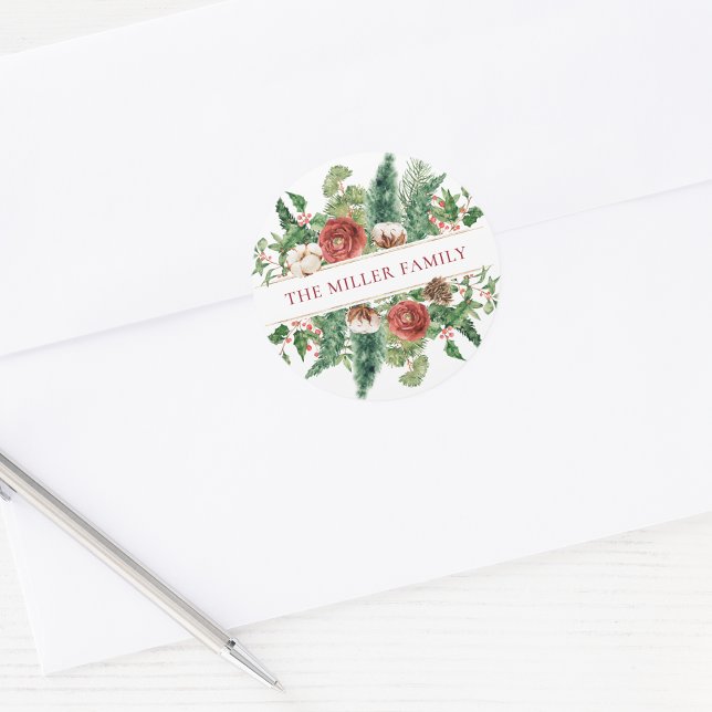 Adesivo Elegante Floral de Inverno de Férias (Elegant Green Red Cream Floral Holiday Classic  Personalized Round Sticker by Painted Paperie
)
