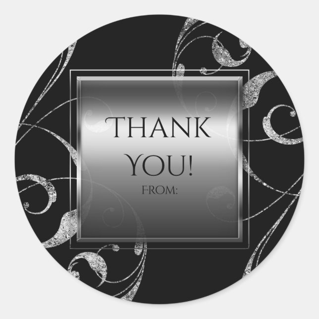 Adesivo Elegante Floral de Vidro de Prata Preto e Faux (Frente)