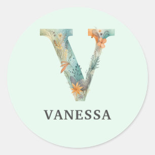 Adesivo Elegante Floral Nature - Letra V Nome Personalizad