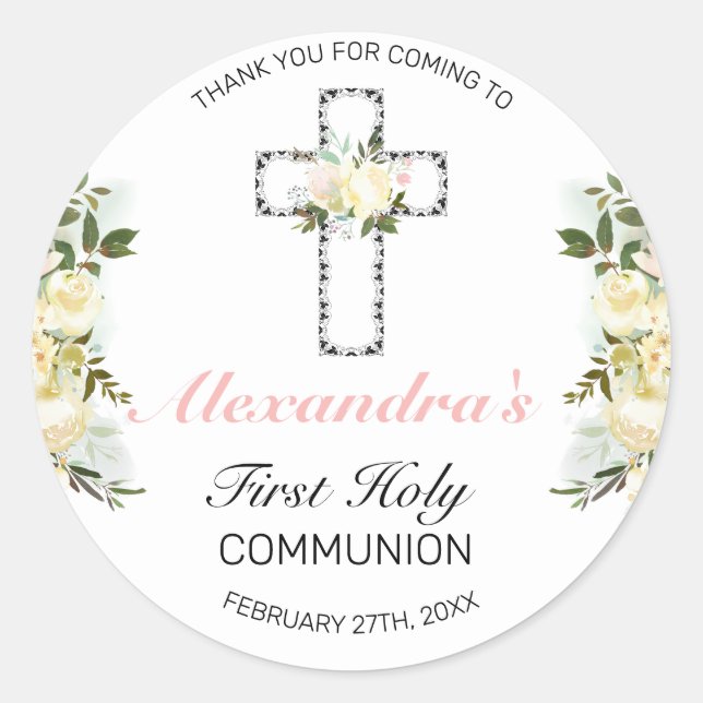Adesivo Elegante Floral Silver Cross First Santa Comunhão (Frente)