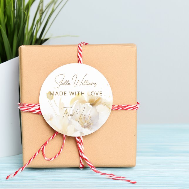Adesivo Elegante Flores de Ouro Branco Obrigado (Elegant White Gold Flowers Thank You Classic Round Sticker)