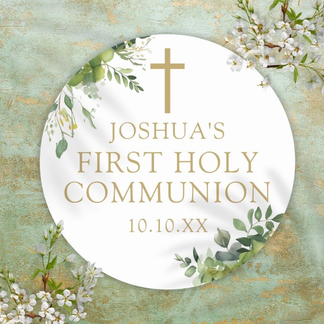 Adesivo Elegante Greenery Primeiro Sagrado Favor da Comuni (Elegant Greenery First Holy Communion Favor Classic Round Sticker)