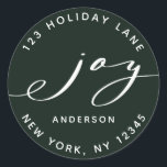 Adesivo Elegante Joy Green Christmas Return Endereço<br><div class="desc">Este adesivo na moda apresenta um elegante roteiro de alegria com o nome da família e o endereço de retorno em um fundo verde (cor de fundo alterável). Para personalização mais avançada deste design,  clique no link "personalizar mais".</div>