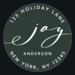 Adesivo Elegante Joy Green Christmas Return Endereço<br><div class="desc">Este adesivo na moda apresenta um elegante roteiro de alegria com o nome da família e o endereço de retorno em um fundo verde (cor de fundo alterável). Para personalização mais avançada deste design,  clique no link "personalizar mais".</div>