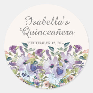 Adesivo Elegante Lilás Azul Floral Quinceañera Nome Data