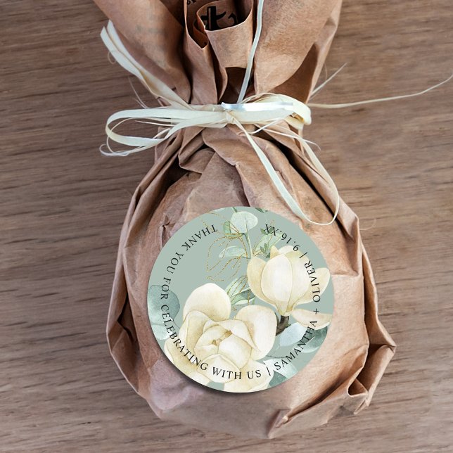 Adesivo Elegante Magnolia Eucalyptus Obrigado Casamento (Elegant Magnolia Eucalyptus Thank You Wedding Classic Round Sticker)