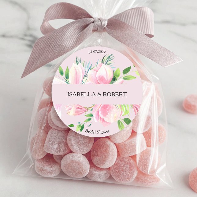 Adesivo Elegante Magnolia Rosa Chá de panela de Aquarela (Elegant Pink Magnolia Watercolor Bridal Shower Classic Round Sticker)