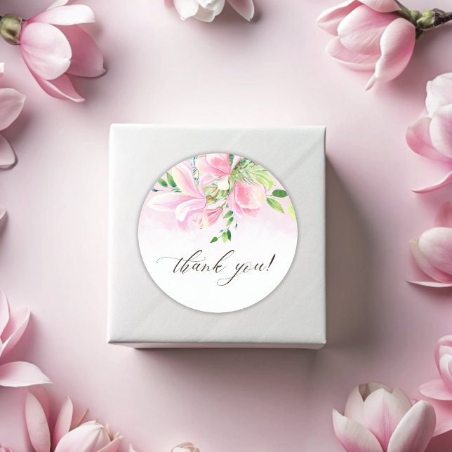 Adesivo Elegante Magnolia Rosa Watercolor Obrigado (Elegant Pink Magnolia Watercolor Thank You Classic Round Sticker)