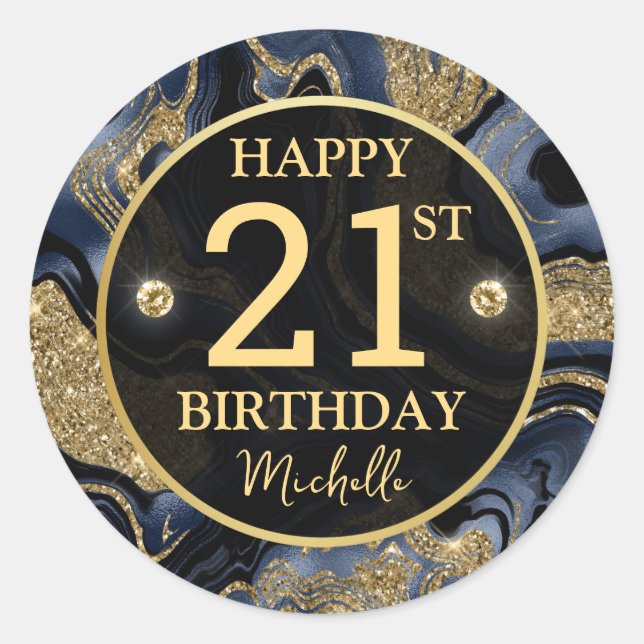 Adesivo Elegante Marinho Azul e Glitter Dourado Aniversári (Frente)