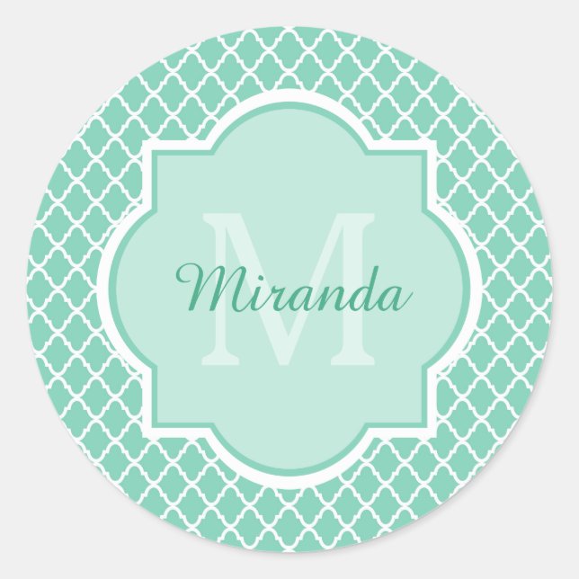 Adesivo Elegante Mint Green Quatrefoil Monograma Com Nome (Frente)