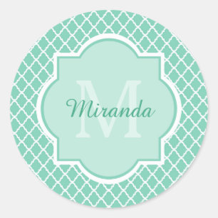 Adesivo Elegante Mint Green Quatrefoil Monograma Com Nome