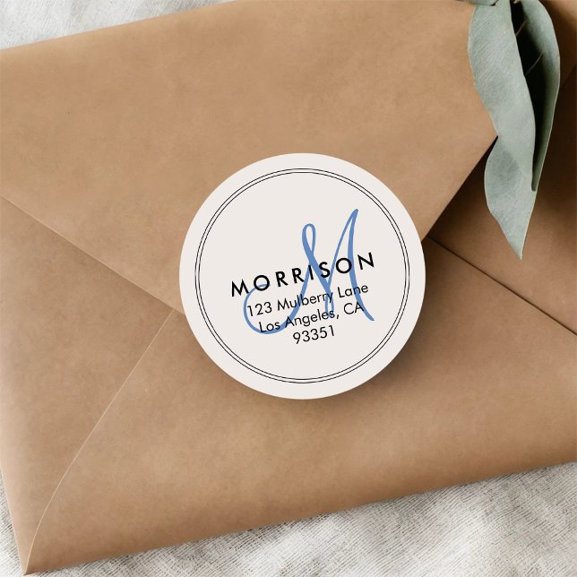 Adesivo Elegante Moderno Monograma Blue Return Address (Criador carregado)
