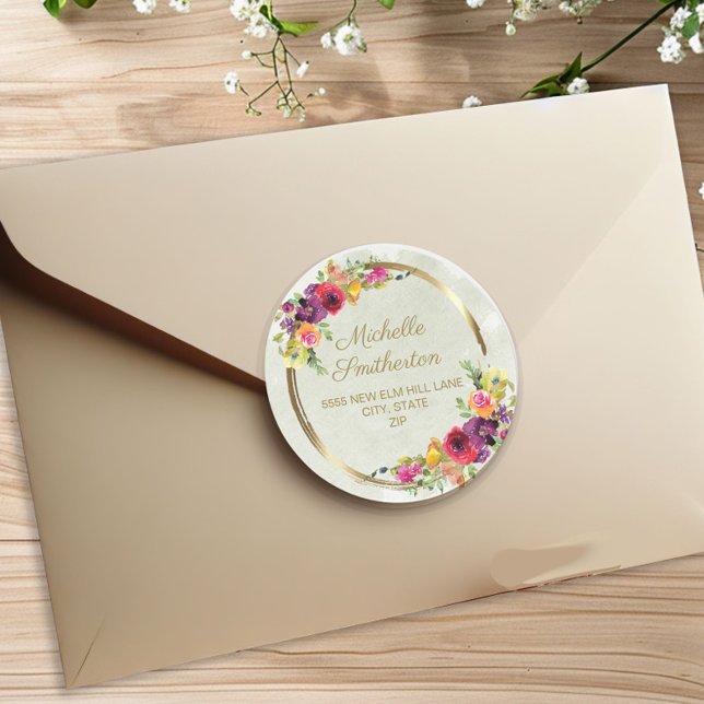 Adesivo Elegante Moldura Dourada Floral Vintage Aniversári (Vintage floral and gold frame envelope address sticker (round))