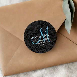 Adesivo Elegante Monograma Azul Preto Floral Endereço de D