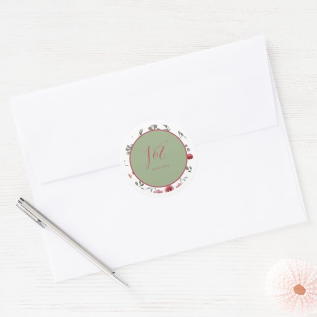 Adesivo Elegante Monograma Burgundy Rosas e Sage Green (Envelope)