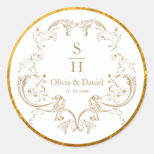 Adesivo Elegante Monograma de Casamento Floral Dourado Vin