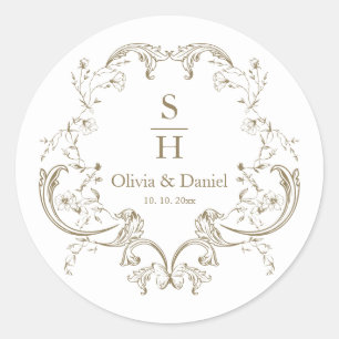 Adesivo Elegante Monograma de Casamento Floral Dourado Vin